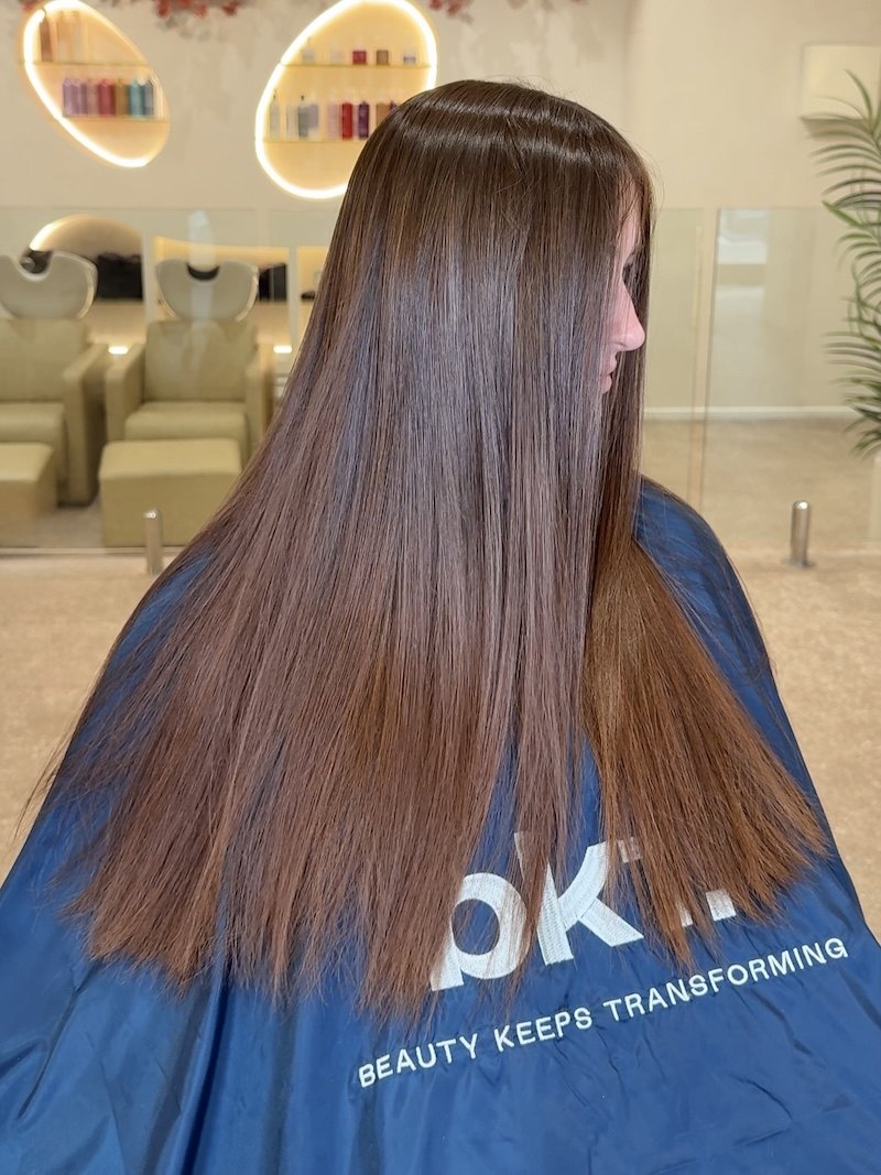 Sleek, glossy brunette hair after a BKT Nanoplasty smoothing treatment at Jessica Amanda Hair Artistry, Perth